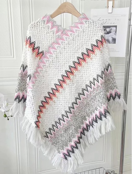 Boho Aztec Poncho W/ Fringes 